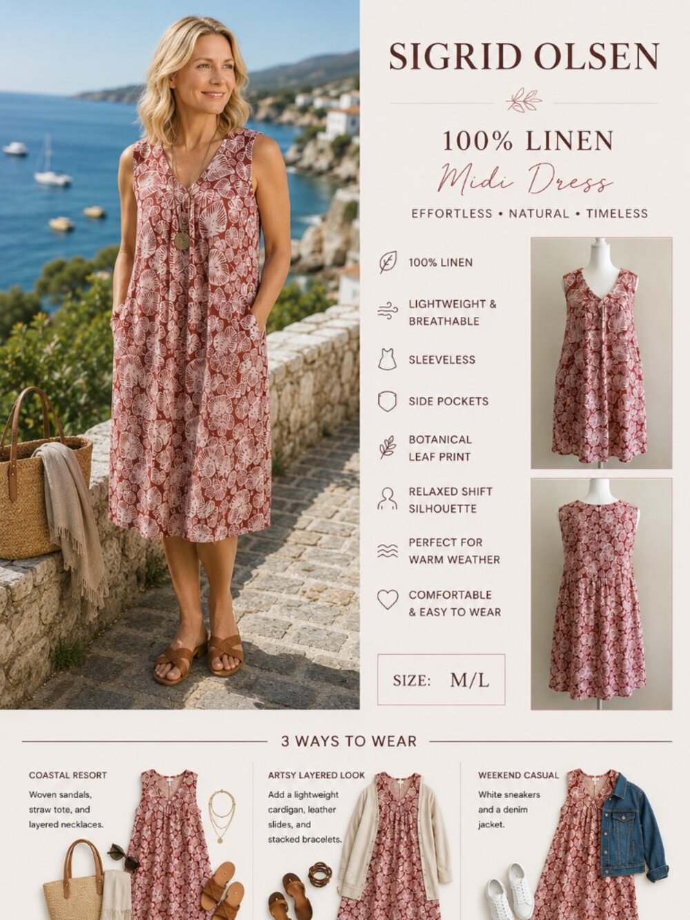 Sigrid Olsen Linen Dress Leaf Print Sleeveless Midi Pockets Relaxed M/L